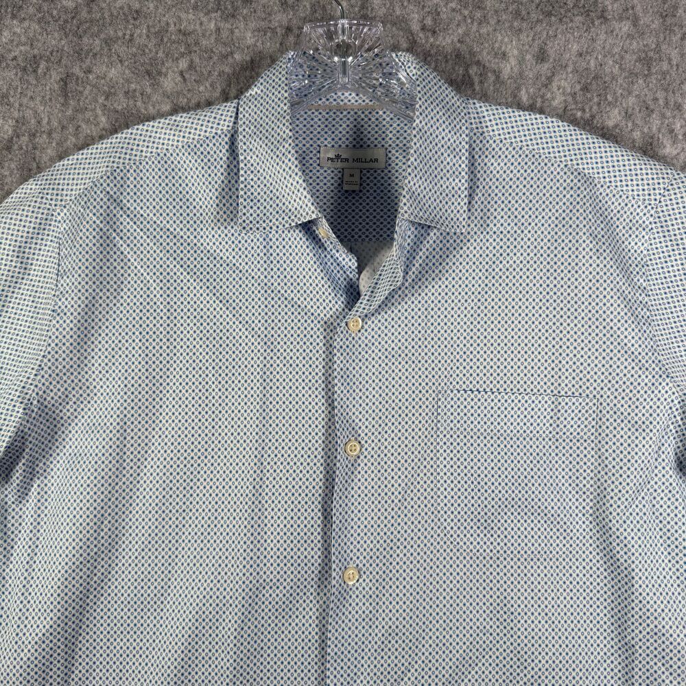 Peter Millar Shirt Mens Medium Blue Geometric Print Short Sleeve Office Casual